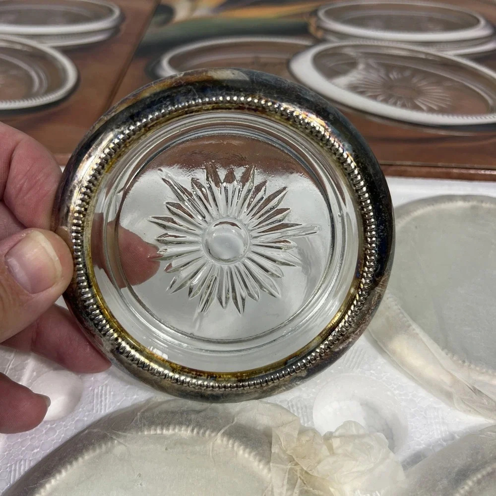 Olde Chelsea Silversmiths Silver plated Glass Coasters Set Of 8 Open Box - Read!